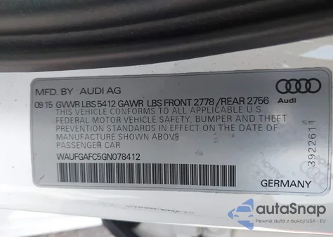 2016 Audi A6 3.0T Premium Plus z USA, uszkodzony, nr VIN WAUFGAFC5GN078412